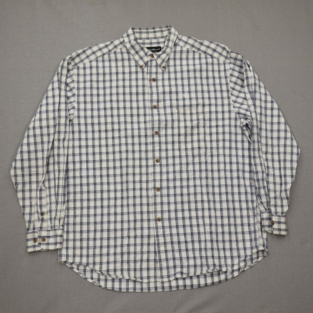 Mens Large Eddie Bauer  Button Down Shirt Plaid White Long Sleeve 100% Cotton
